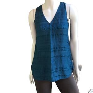 Vince Jacquard Silk Linen V-Neck Tank Blue Women's Size XS